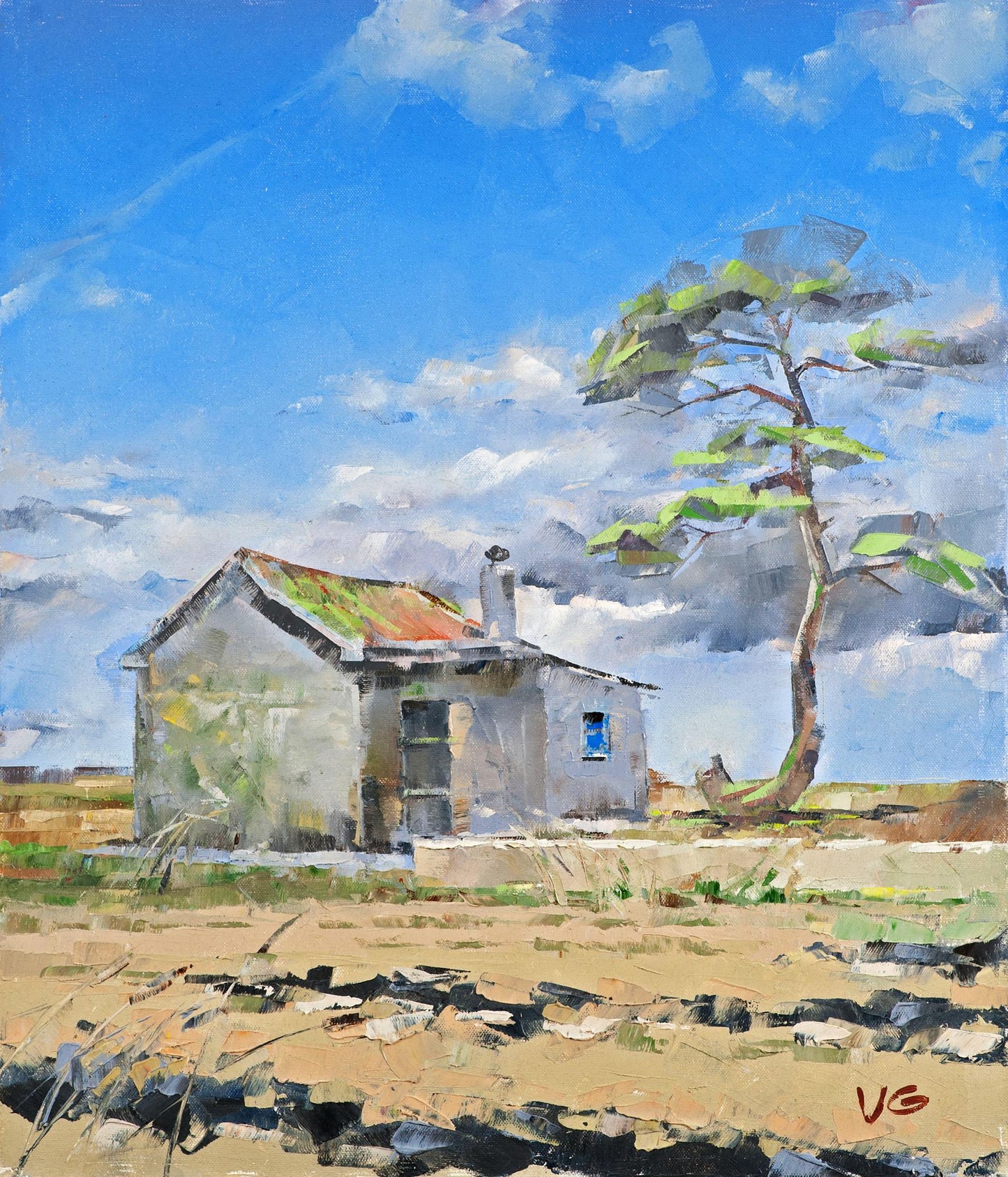 Oil painting of weathered gray cottage with mossy red roof by Volodymyr Gluhomanyuk