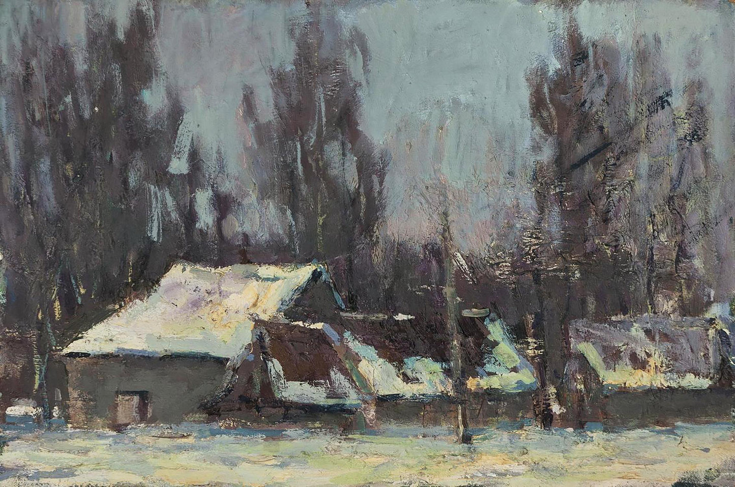 Impressionistic snowy rural scene by Volodymyr Pashchenko, Oil painting After a cold night
