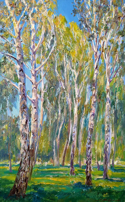 Vibrant impressionist oil painting Sunny morning by Leonid Pavlenko forest scene