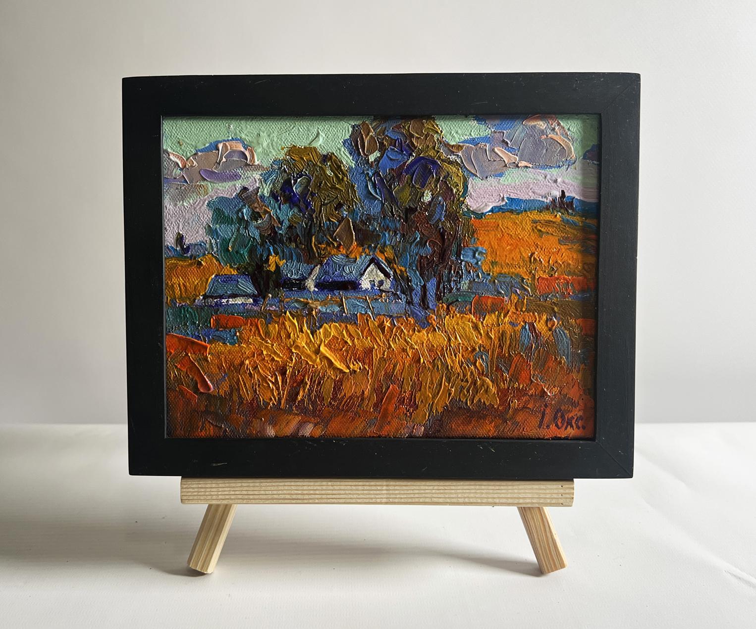 Oil painting Autumn village evening by Oksana Ivanyuk in black frame