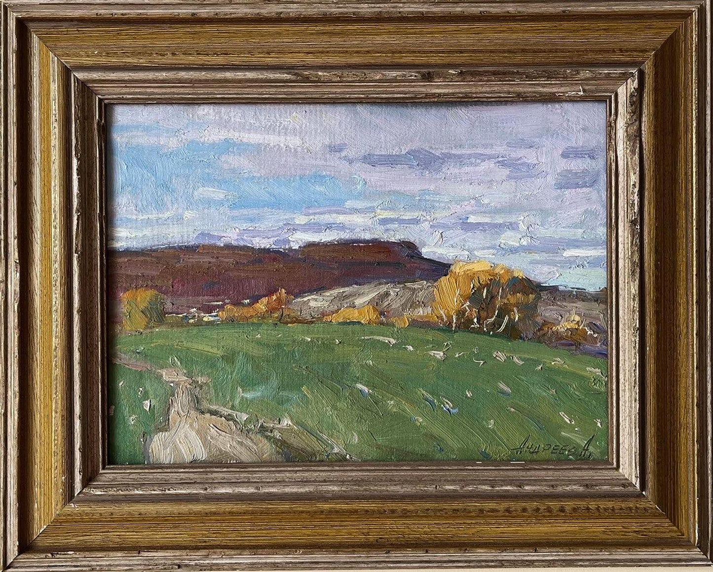 Rustic oil painting by Oleksandr Andreev of green field landscape