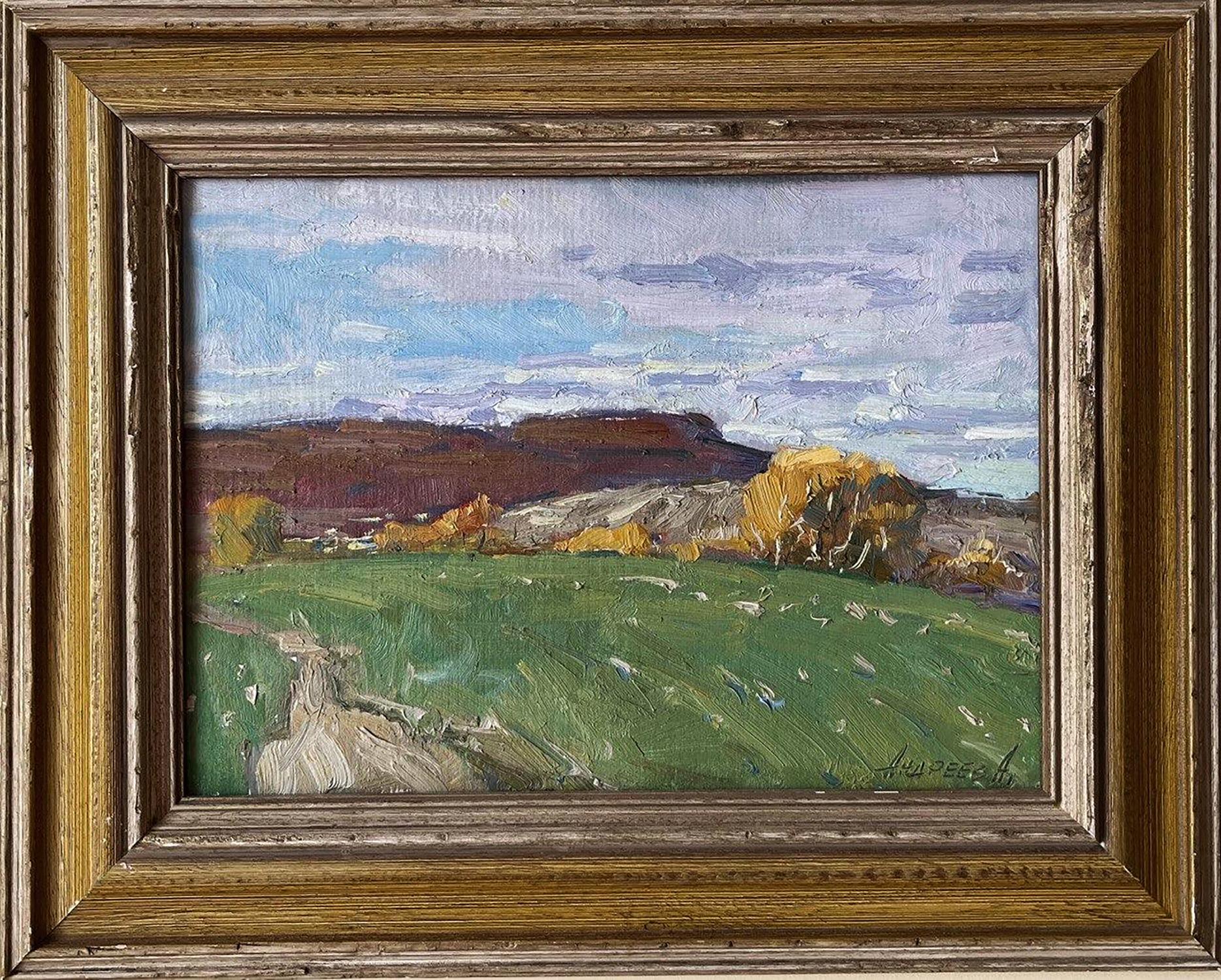 Rustic oil painting by Oleksandr Andreev of green field landscape