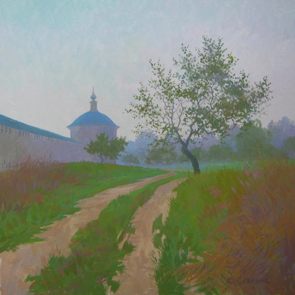 Oil painting September autumn morning by Valery Savenets misty path landscape