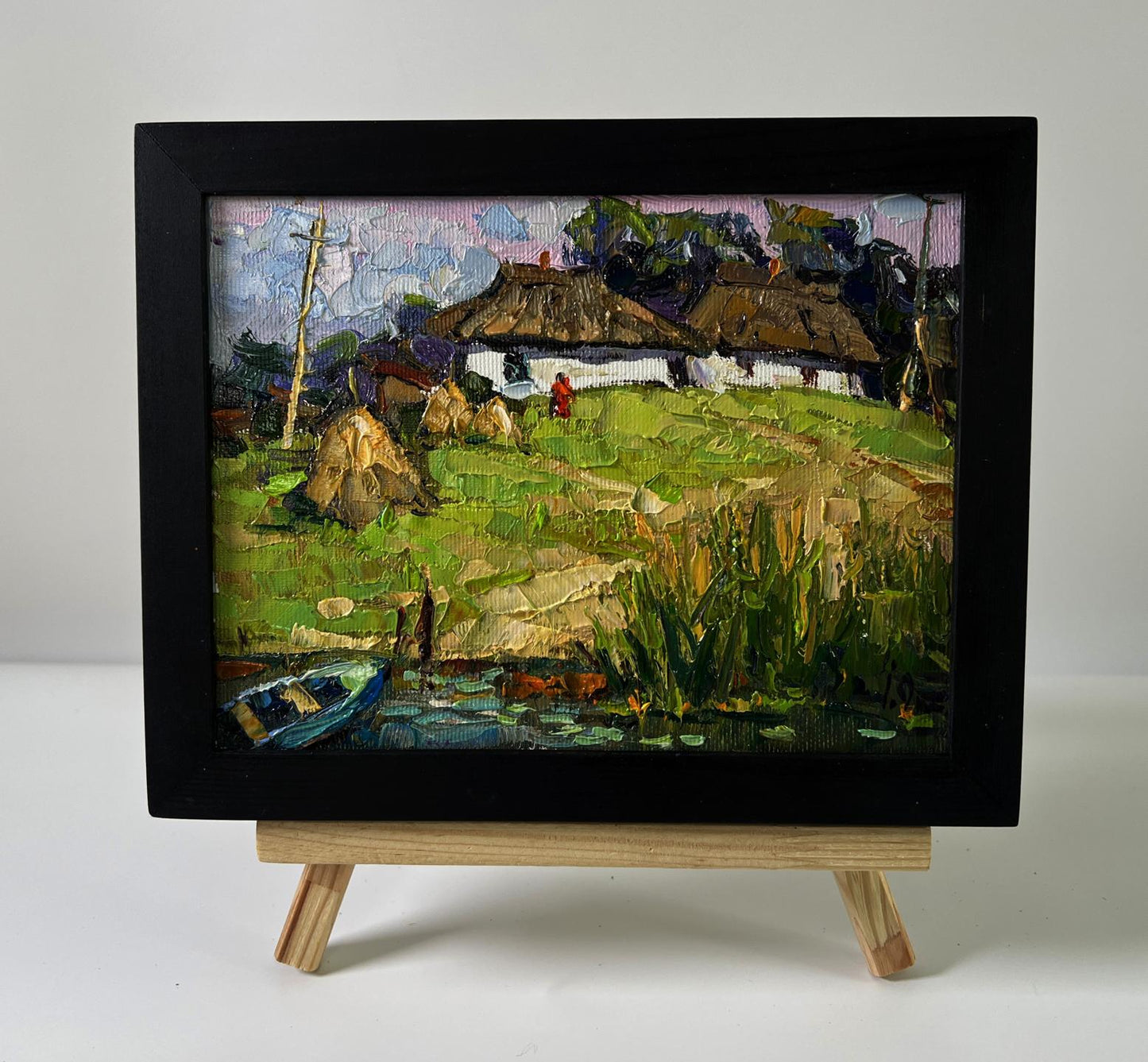 Oil painting of Oksana Ivanyuk village near swamps with boat