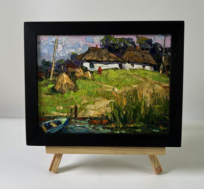 Oil painting of Oksana Ivanyuk village near swamps with boat