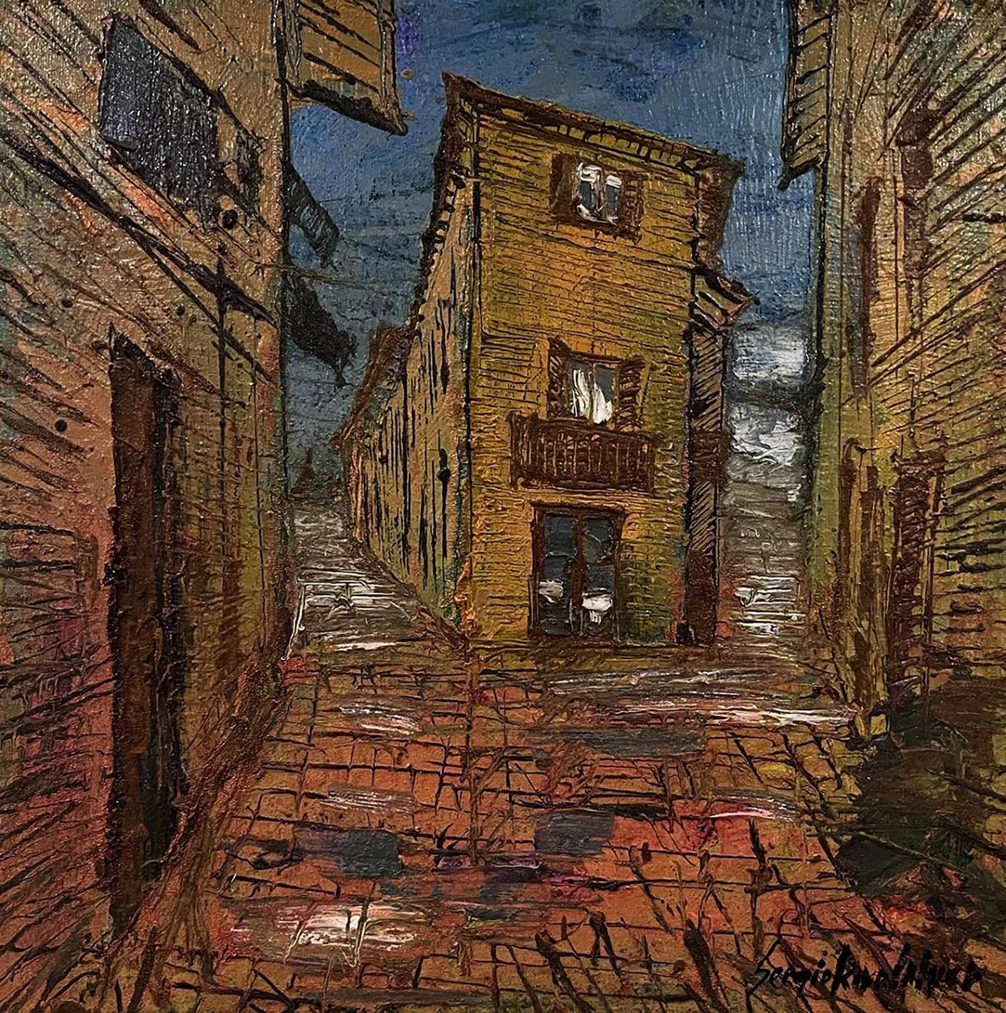 Oil painting of urban slums alley by Serhiy Kovalev