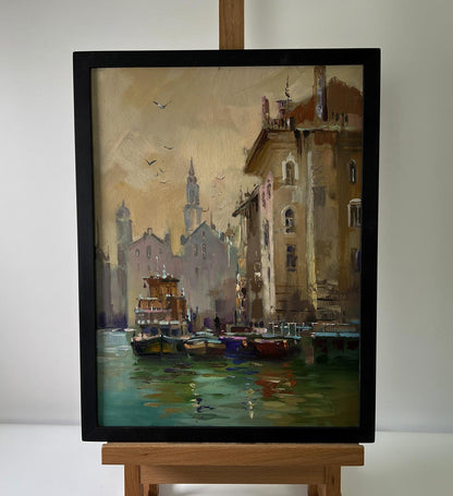 Oil painting City sailboats by Yuriy Suprunchuk in black frame