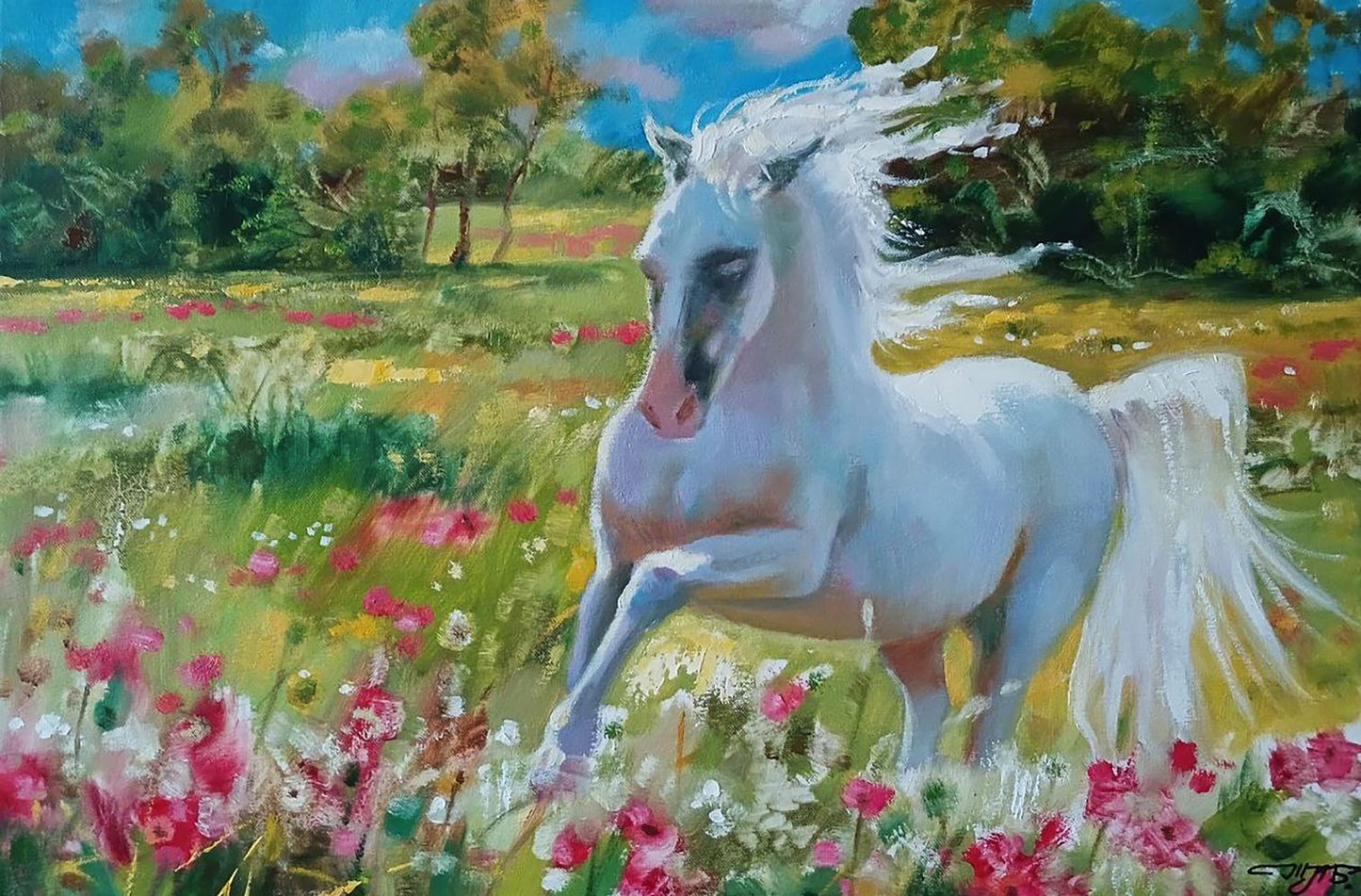 Vibrant oil painting by Anatoly Tarabanov: white horse galloping in wildflowers