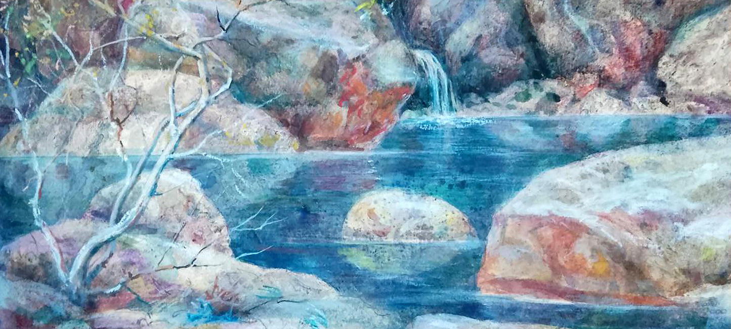 Serene watercolor of rocky stream waterfall and lake in mountains by Vitaly Duhnevich