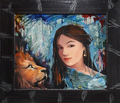 Oil painting portrait of girl with long brown hair and lion by Vasily Korkishko