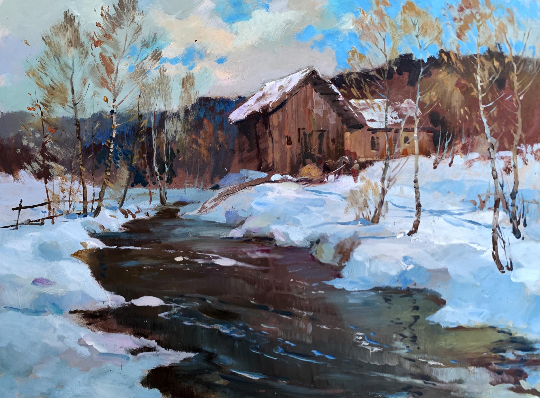 Oil painting of rustic cabin after night snowstorm by Yuriy Suprunchuk