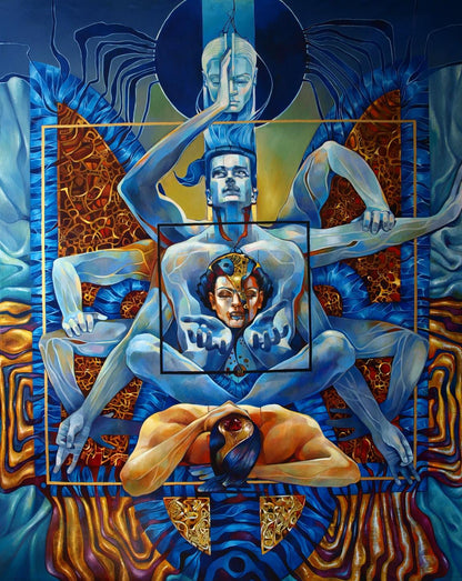 Vibrant Ashwattha oil painting by Konsta G. Amelinn with cosmic figures