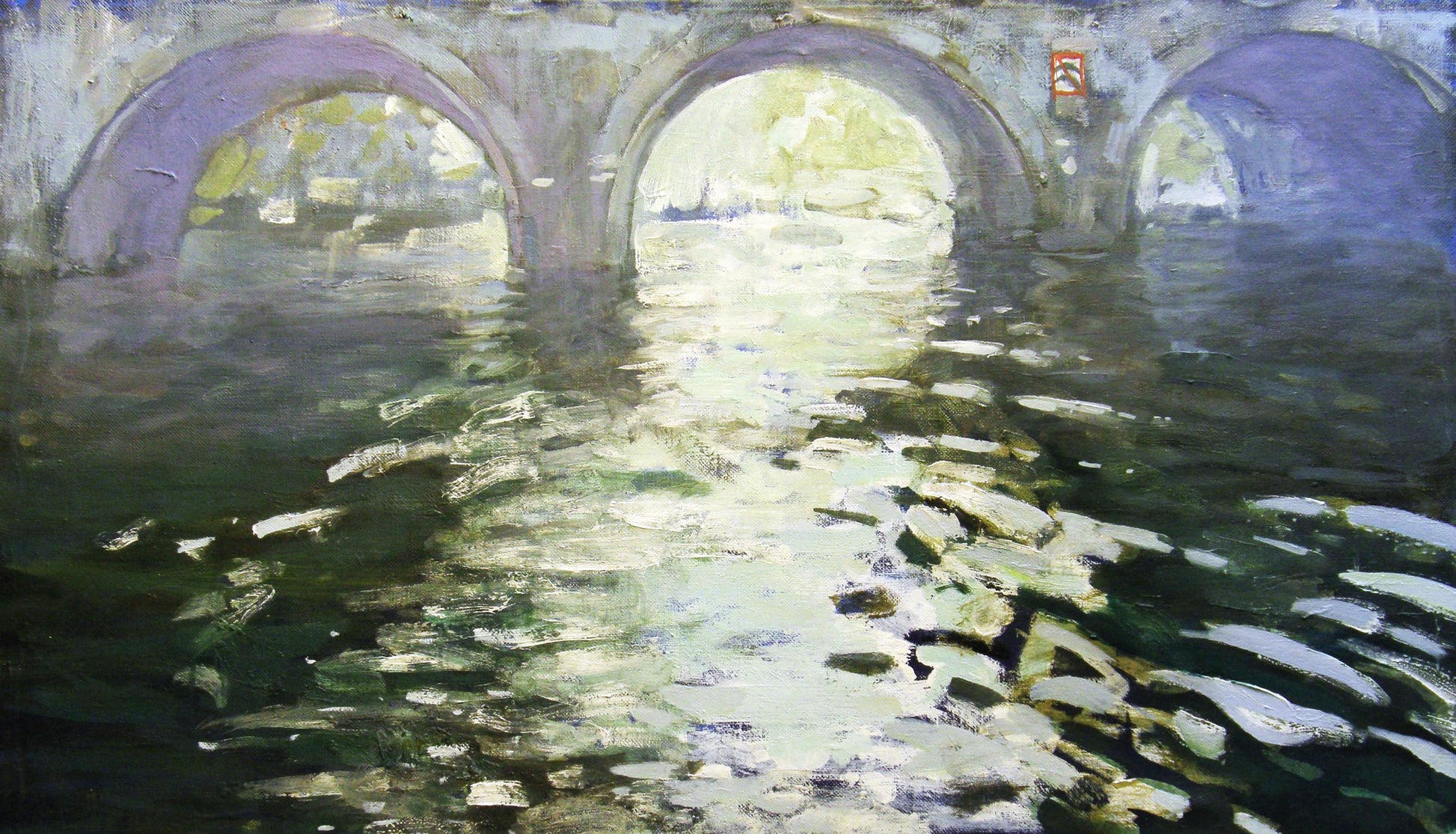 Oil painting of Ancient Bridge by Ed Potapenkov in purple gray tones reflecting in water