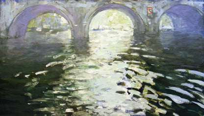 Oil painting of Ancient Bridge by Ed Potapenkov in purple gray tones reflecting in water