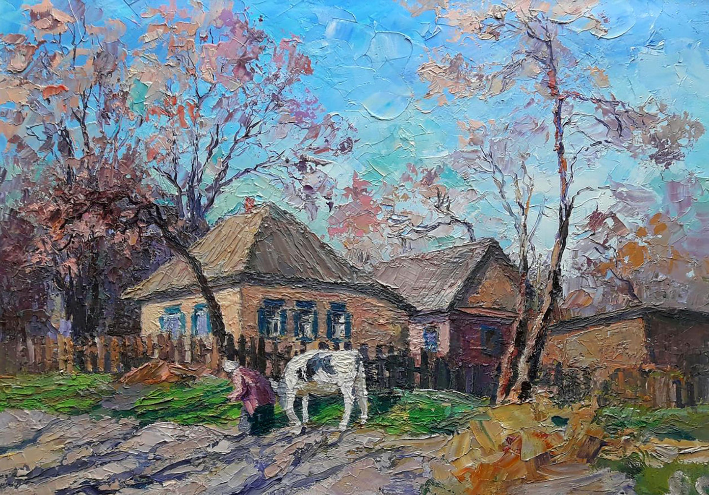 Oil painting rural landscape by Boris Serdyuk: rustic village, autumn trees, white horse