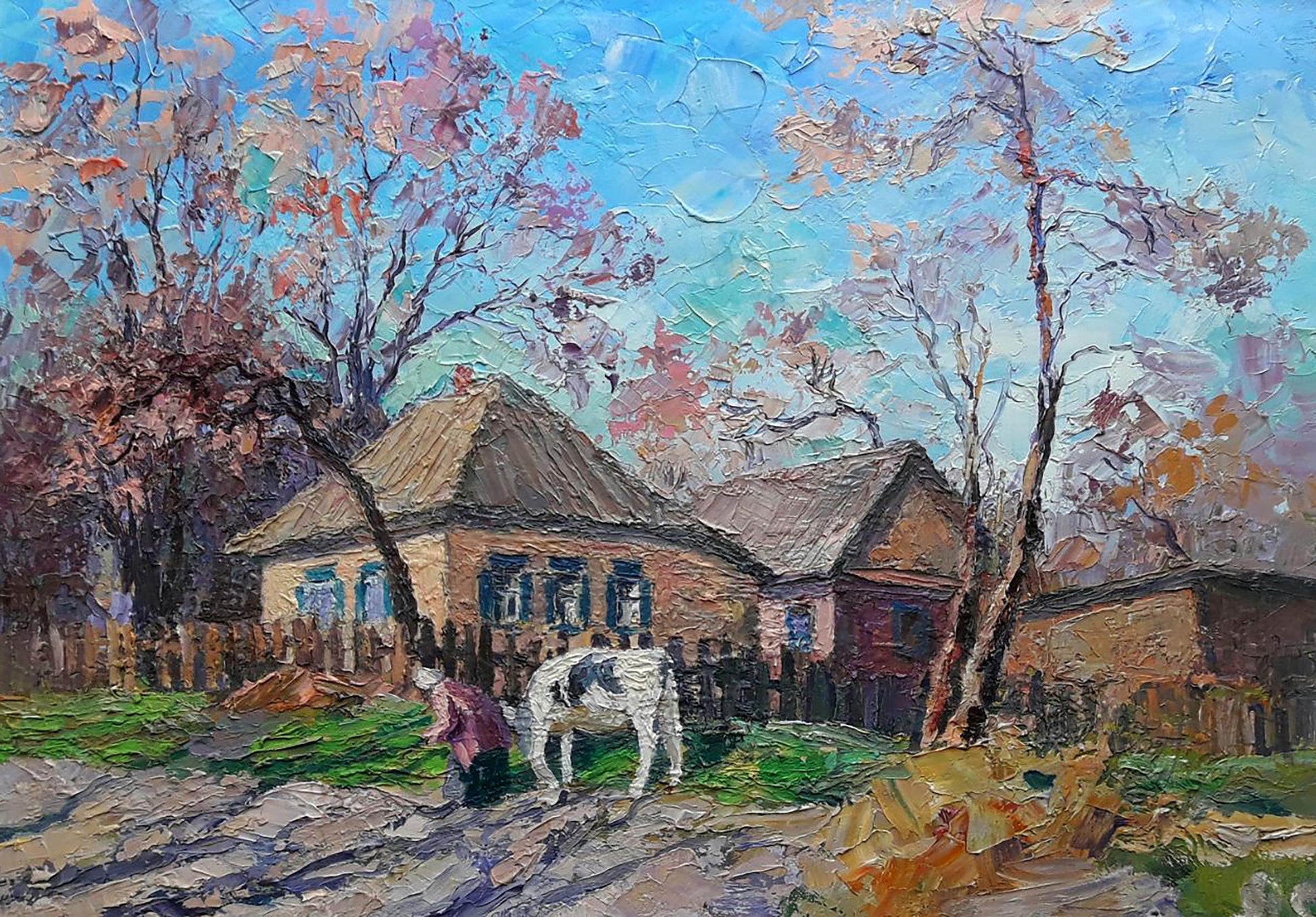 Oil painting rural landscape by Boris Serdyuk: rustic village, autumn trees, white horse