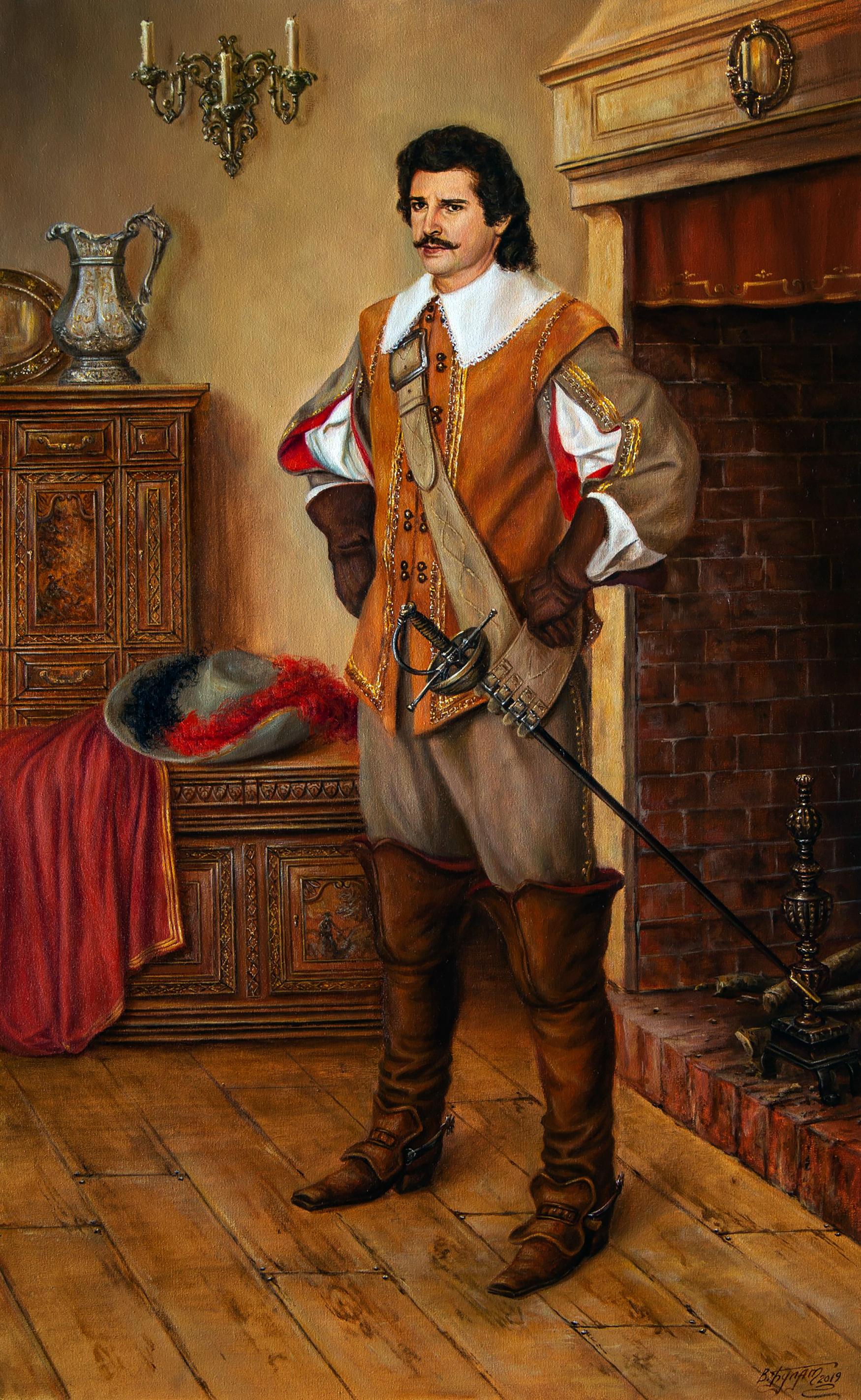Man in 17th-century orange-brown doublet in Valeriy Bulat oil painting