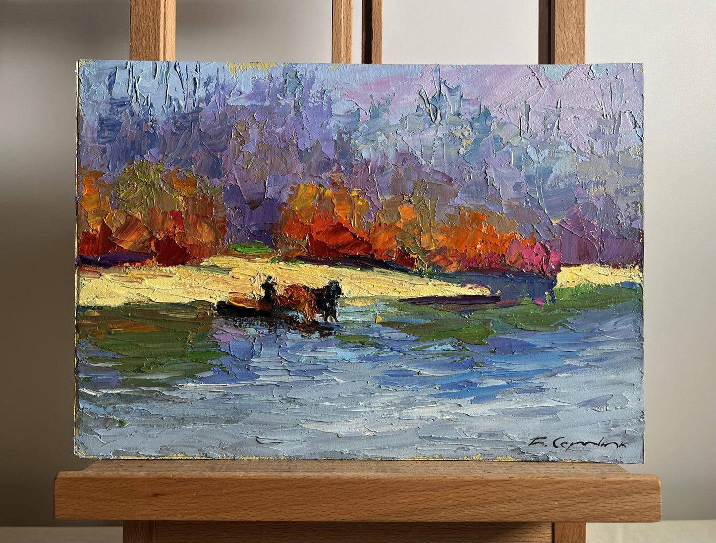 Oil painting Relaxing on a boat by Boris Serdyuk: serene river scene