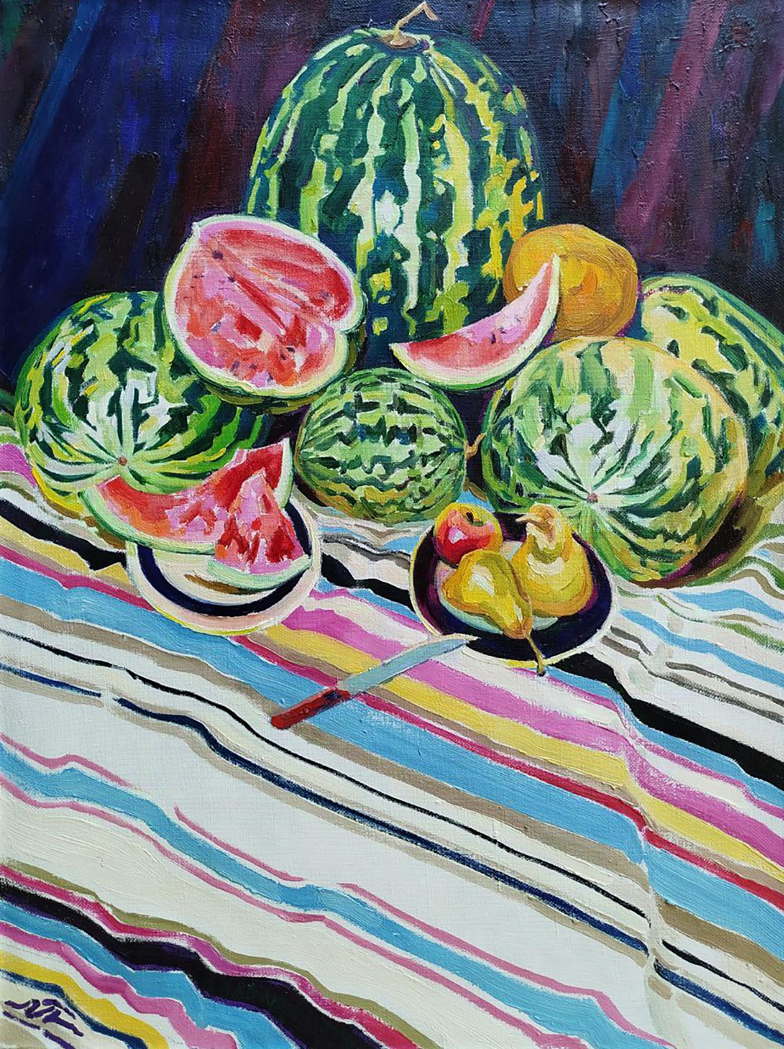 Oil painting of watermelons with pears by Leonid Pavlenko
