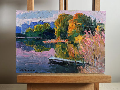 Oil painting Evening on the Lake by Boris Serdyuk lakeside impressionist scene