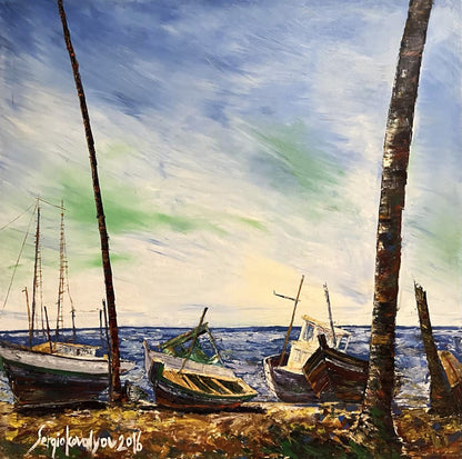 Oil painting Dock by Serhiy Kovalev: boats on shore with palms