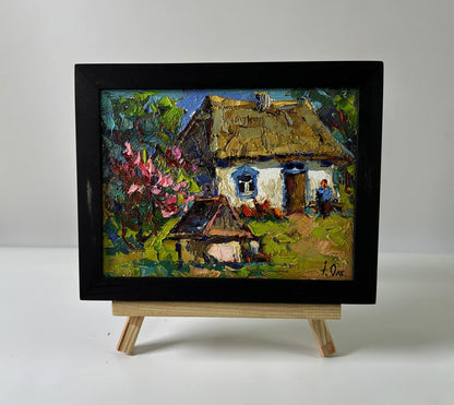 Oil painting Spring in the village by Oksana Ivanyuk in black frame