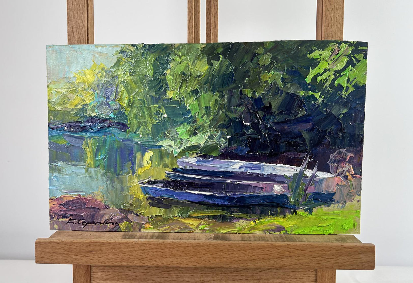 Oil painting The river and the forest by Boris Serdyuk, impressionist boats