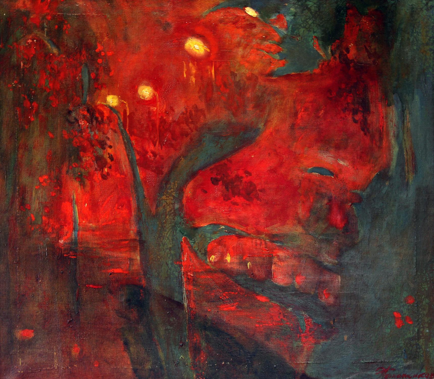 Oil painting Good evening Ed Potapenkov with bold reds, greens, yellow orbs