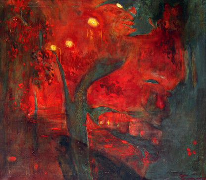 Oil painting Good evening Ed Potapenkov with bold reds, greens, yellow orbs