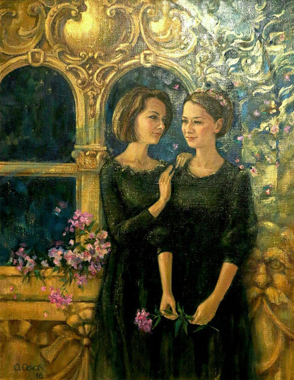 Oil painting Girls in the Greenhouse by Oksana Osnach with two women in black dresses and mirror