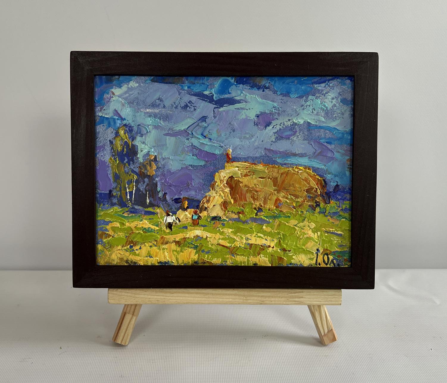 Oil painting Harvesting hay in field by Oleksiy Ivanyuk in dark wood frame
