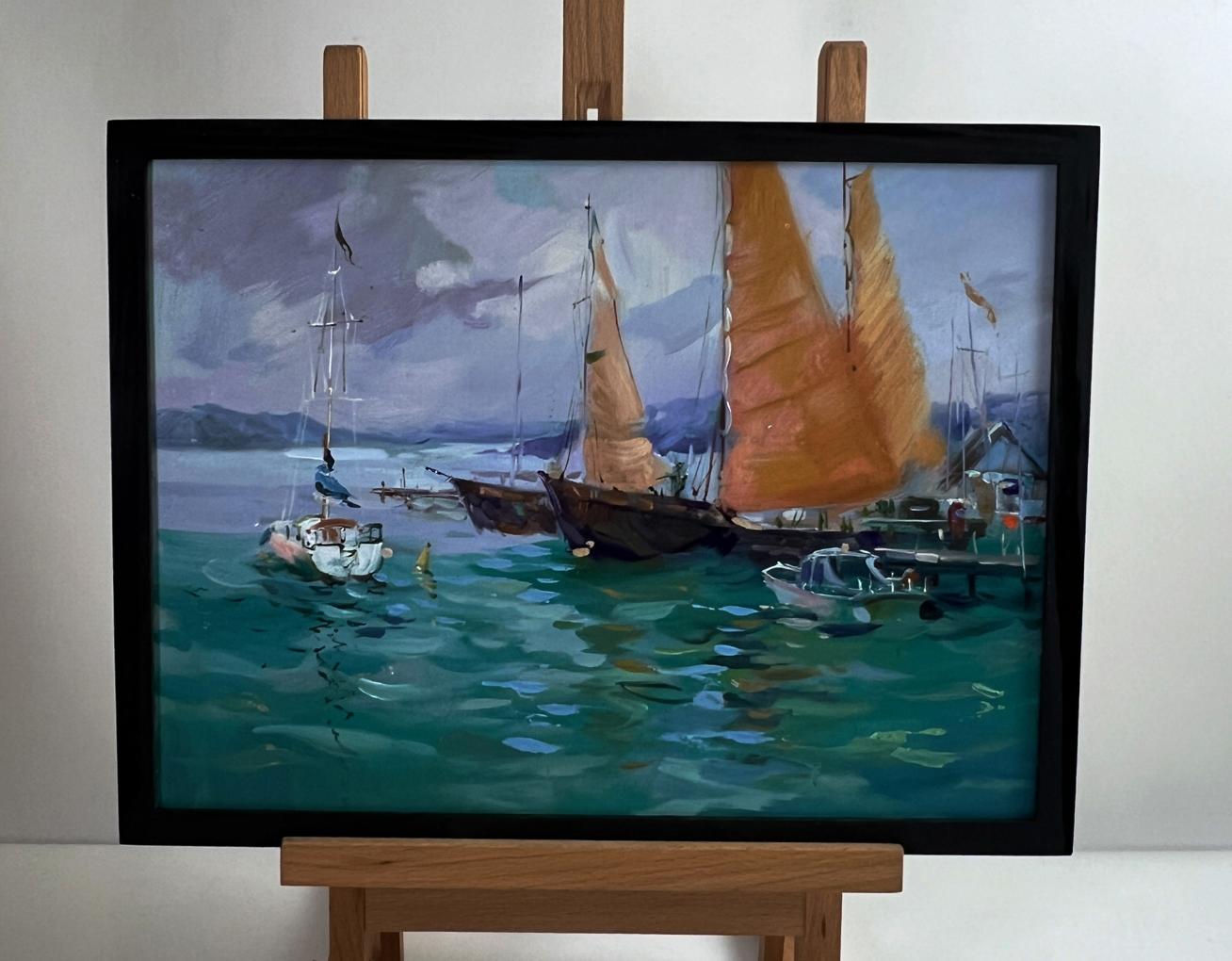 Oil painting Sea ships at the pier by Yuriy Suprunchuk, sailboats on teal water