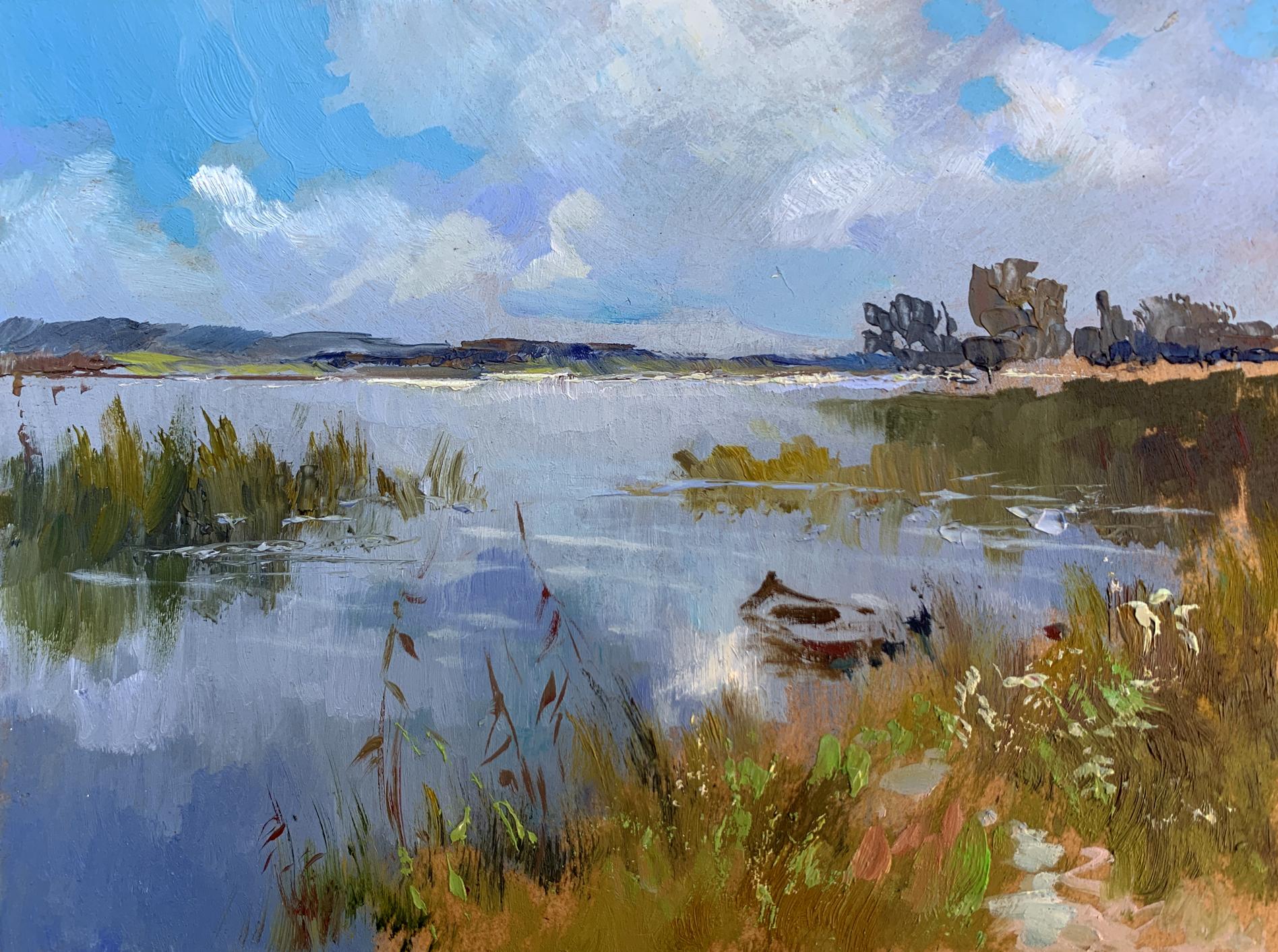 Serene impressionistic oil painting of tranquil lake by Yuriy Suprunchuk