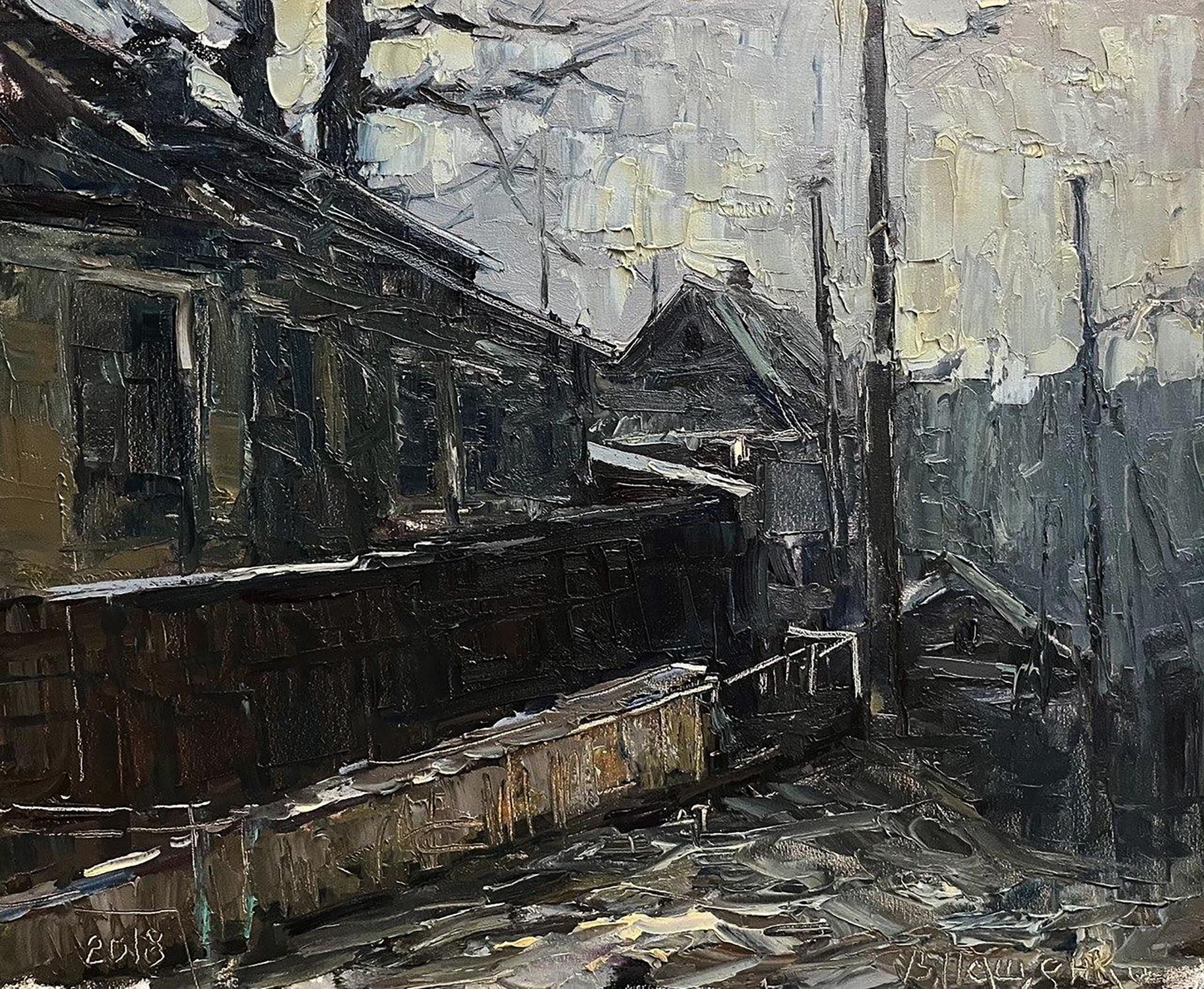 Oil painting Old street by Volodymyr Pashchenko: dimly lit alleyway