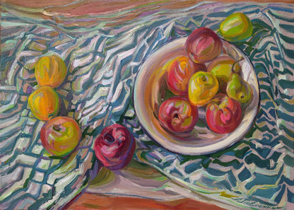 Oil painting of table with colorful apples by Leonid Pavlenko
