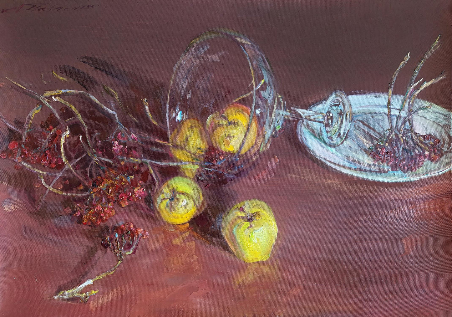 Oil painting Forgotten Fruits by Leonid Pavlenko: tipped bowl spilling apples, berries
