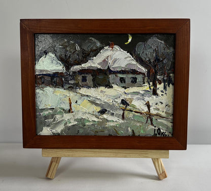 Oil painting Moonlit winter night by Oksana Ivanyuk snowy village scene