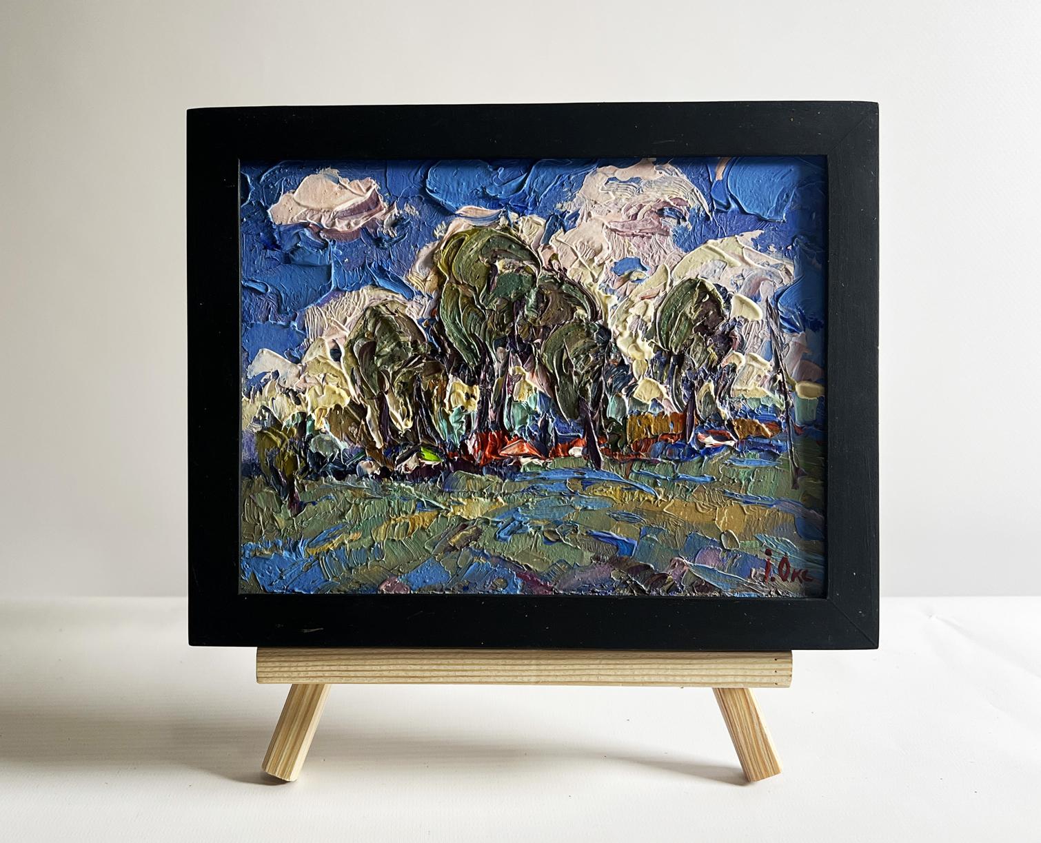 Oil painting by Oksana Ivanyuk: Clouds over village in impasto style
