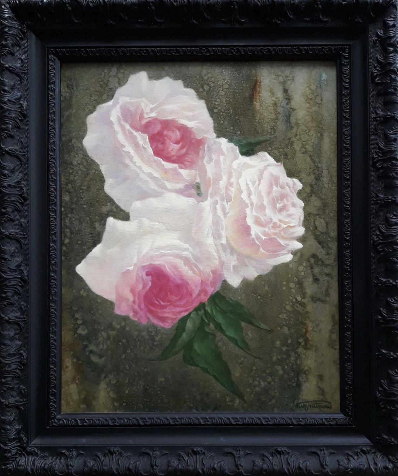 Framed oil painting of delicate pink roses by Vasily Korkishko