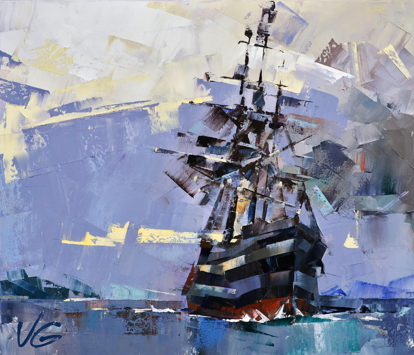 Oil painting Ghost Ship by Volodymyr Gluhomanyuk, dark tall ship in stormy seascape