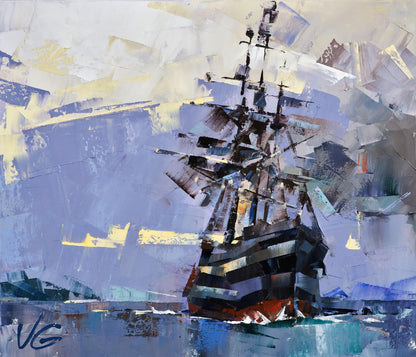 Oil painting Ghost Ship by Volodymyr Gluhomanyuk, dark tall ship in stormy seascape