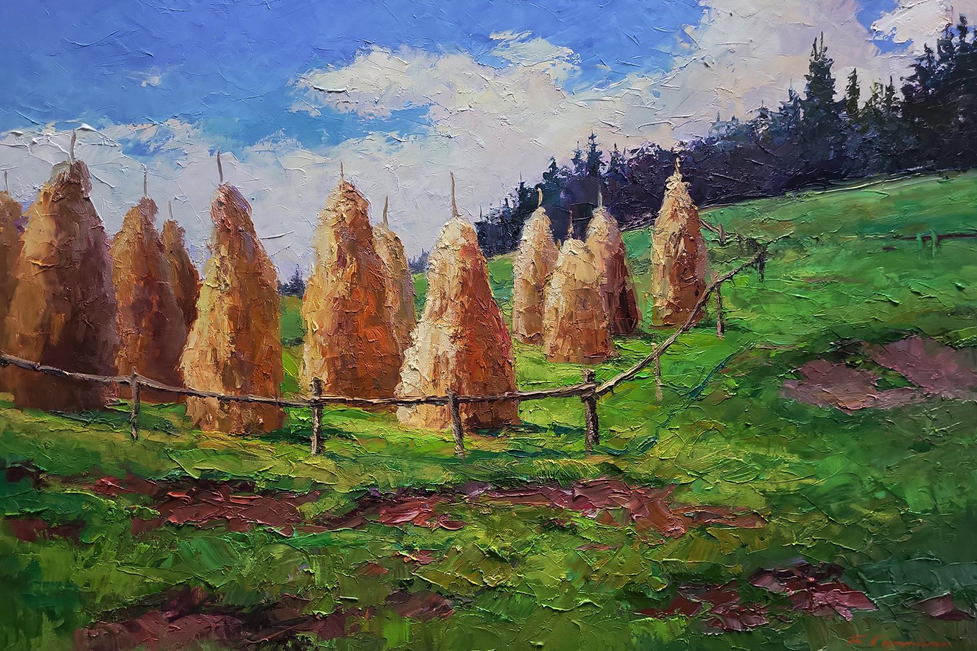 Oil painting of golden-brown haystacks in mountains by Boris Serdyuk