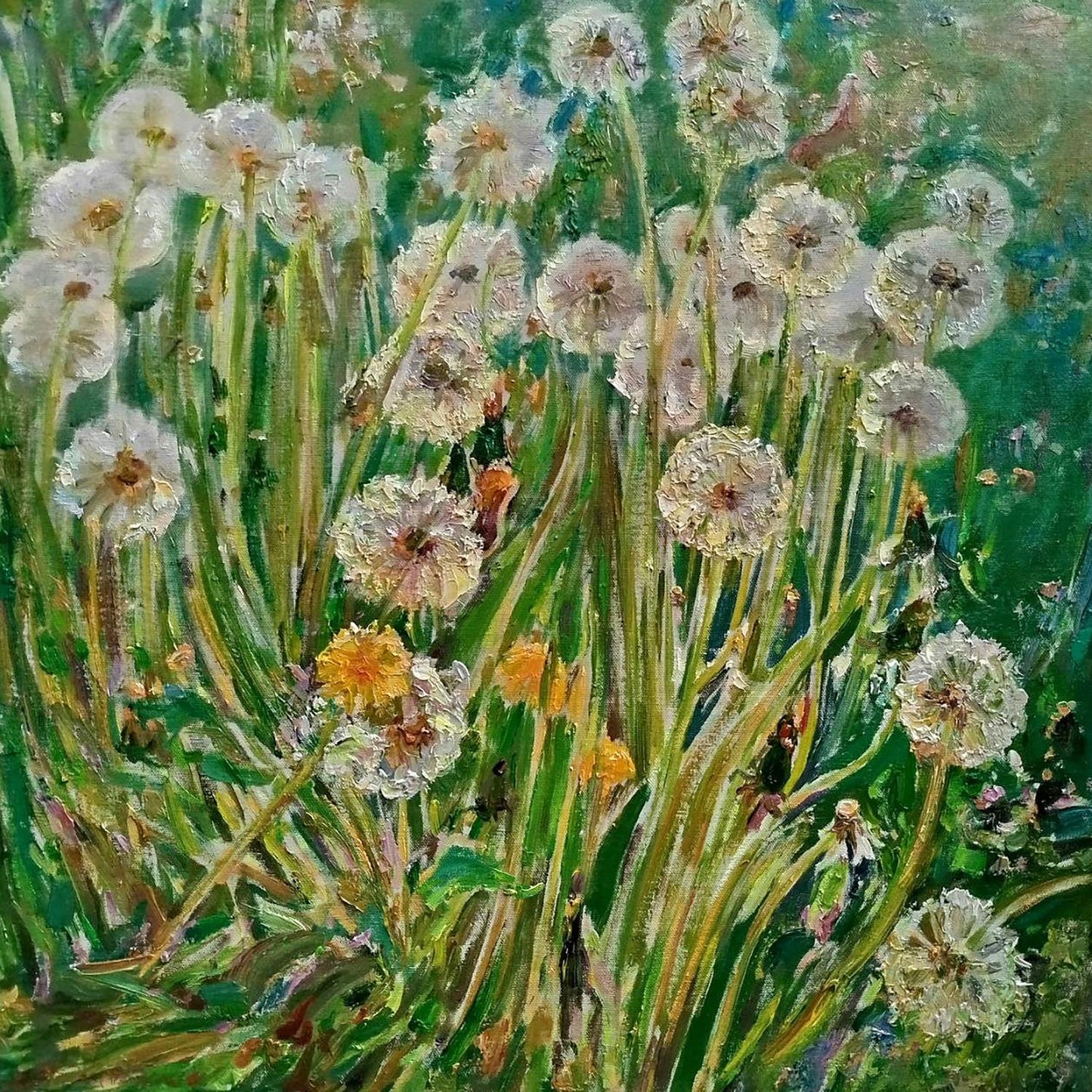 Vibrant oil painting of dandelions by Leonid Pavlenko in impasto style