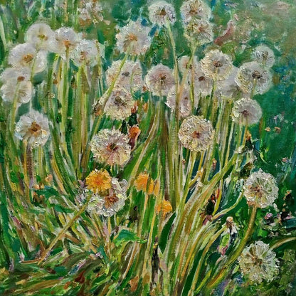 Vibrant oil painting of dandelions by Leonid Pavlenko in impasto style