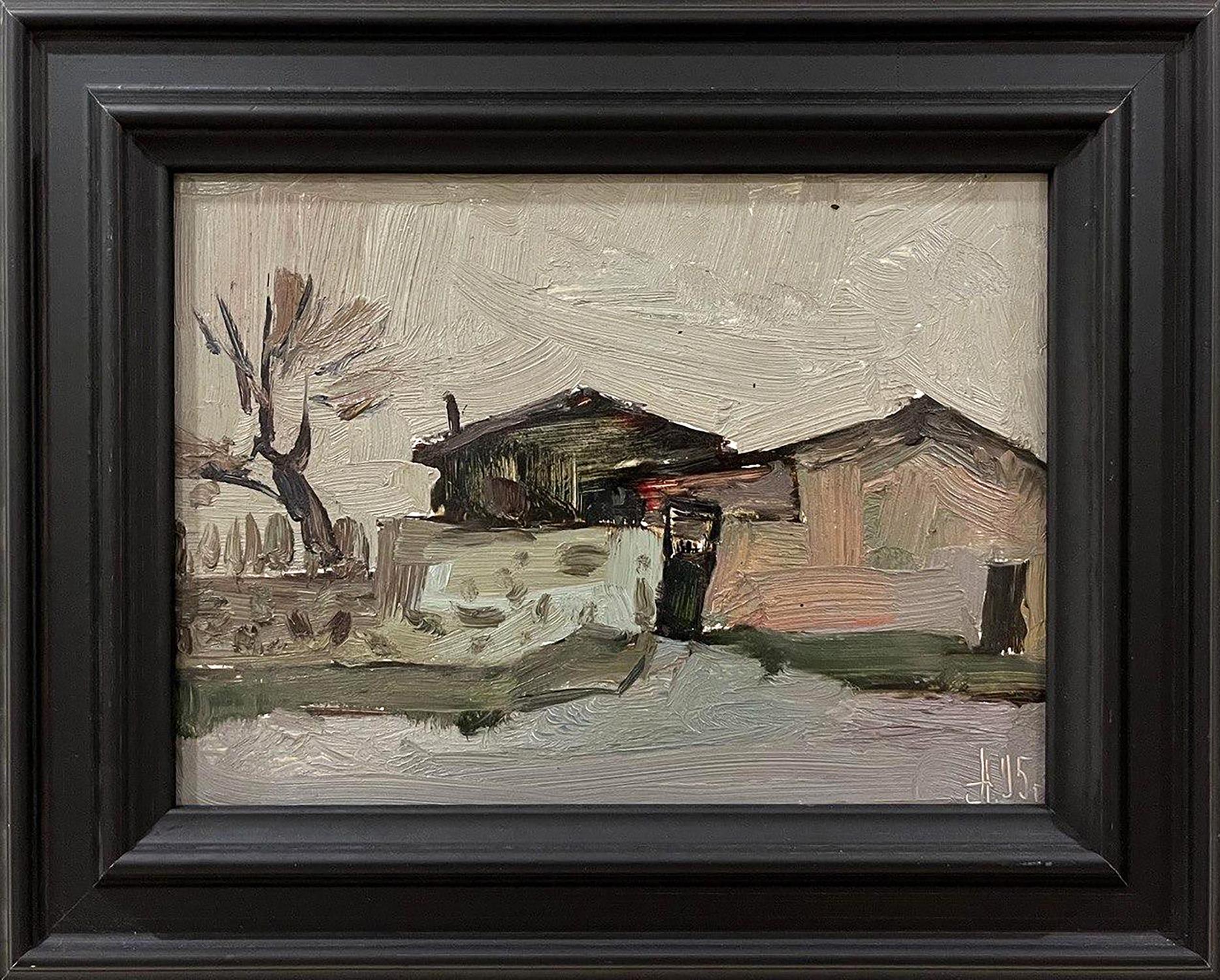 Framed oil painting of city pier by Oleksandr Andreev, rustic sheds scene