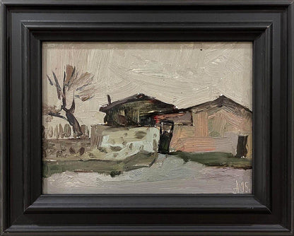 Framed oil painting of city pier by Oleksandr Andreev, rustic sheds scene