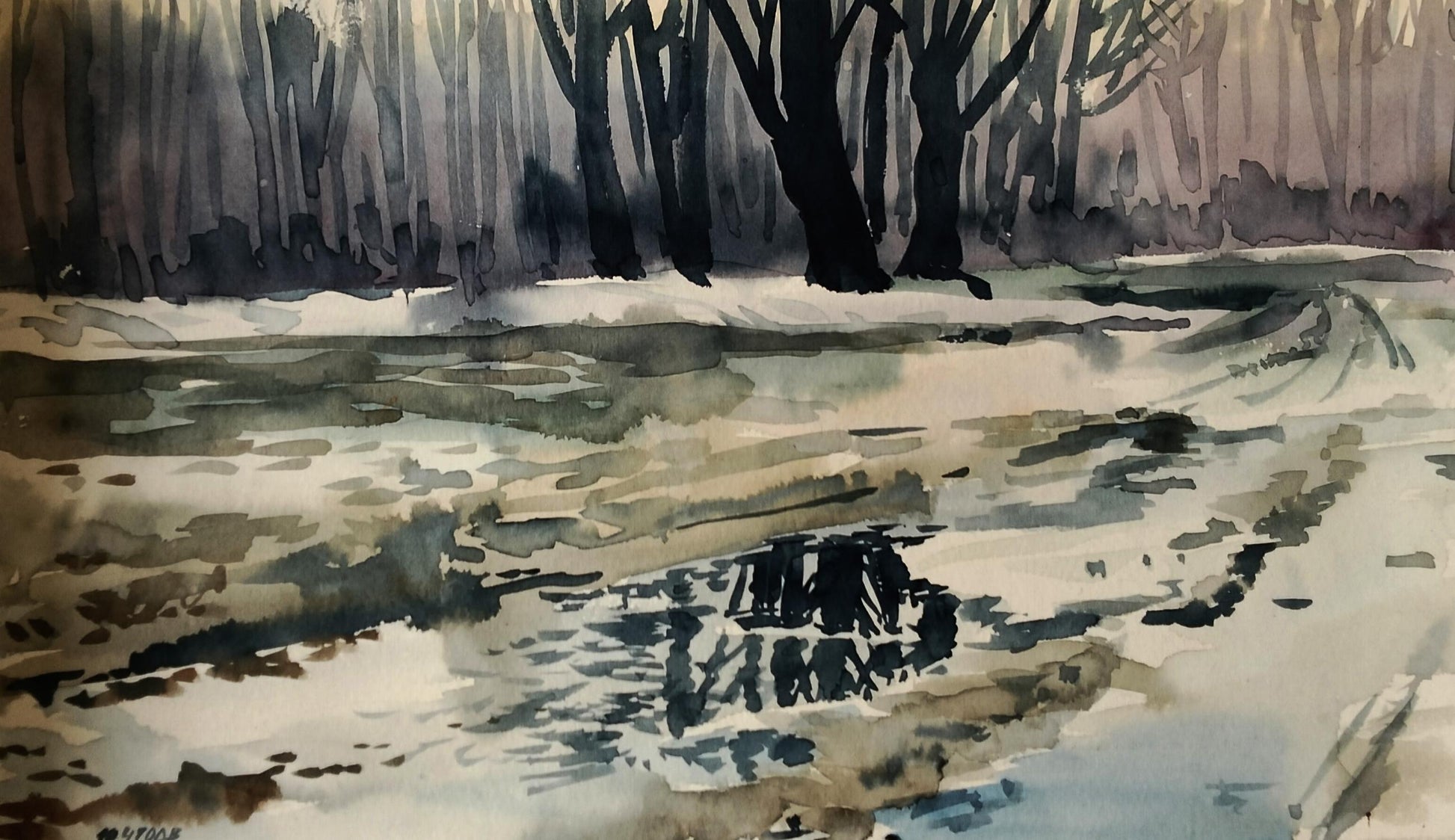 Watercolor painting of snowy forest stream by Vitaly Duhnevich