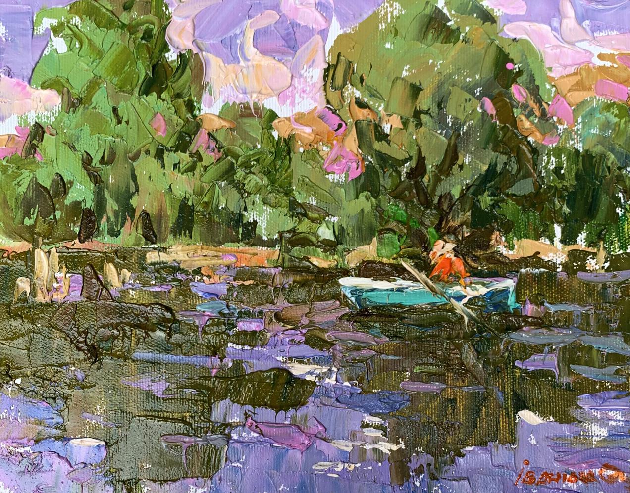Vibrant impressionist oil painting Summer fishing by Oleksiy Ivanyuk teal boat rowing