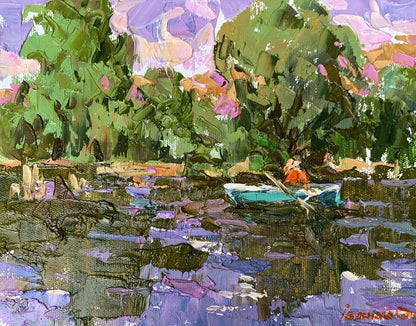 Vibrant impressionist oil painting Summer fishing by Oleksiy Ivanyuk teal boat rowing