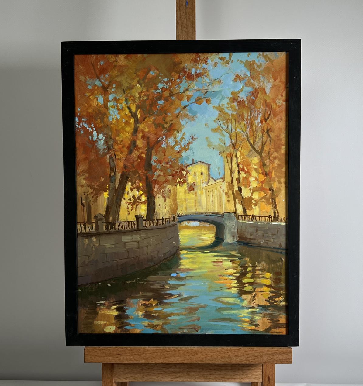 Oil painting Steps on the autumn bridge by Yuriy Suprunchuk, serene canal scene
